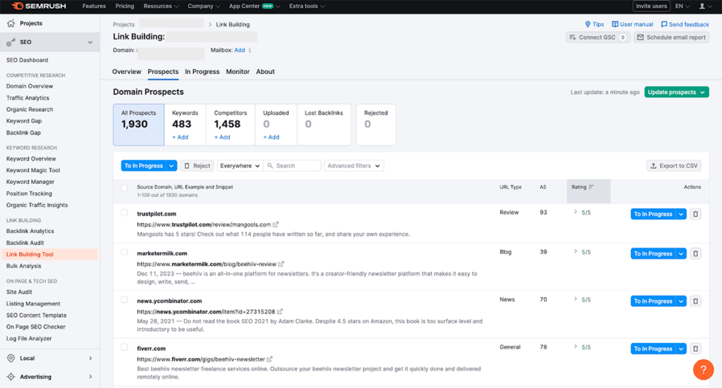 Semrush Link building tool
