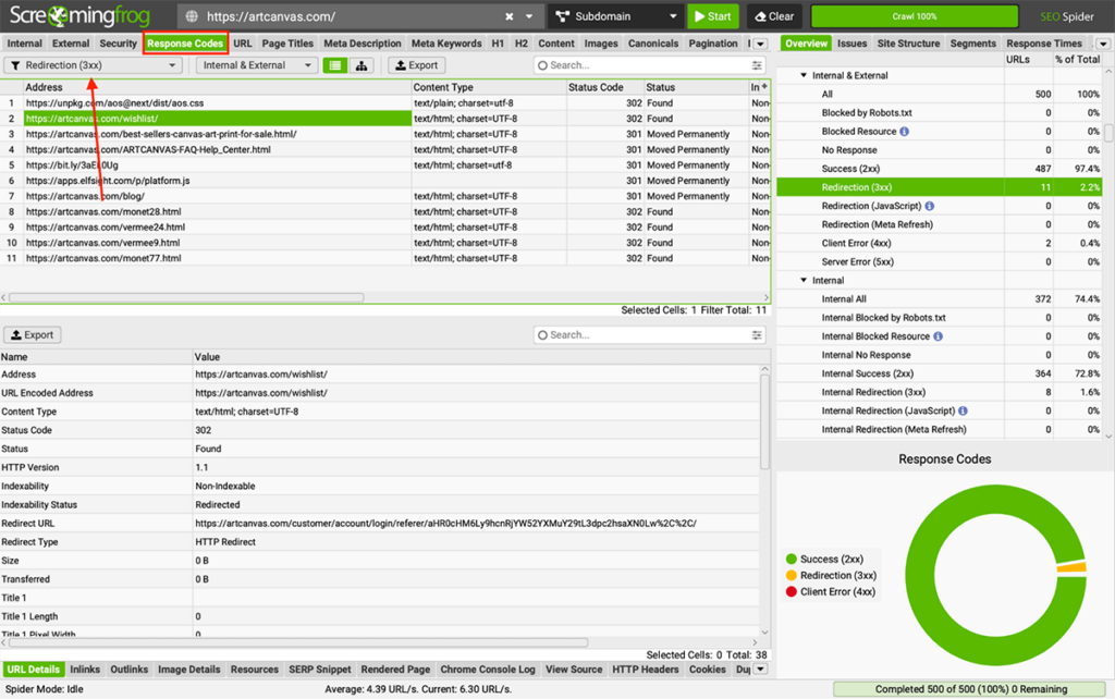 Screaming Frog 3xx redirection