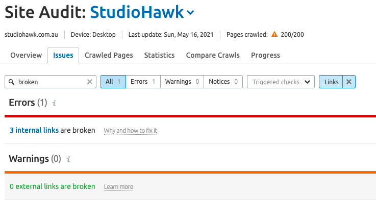 Semrush Site Audit broken links
