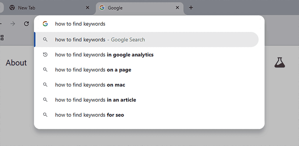 Google – Search bar – How to find keywords