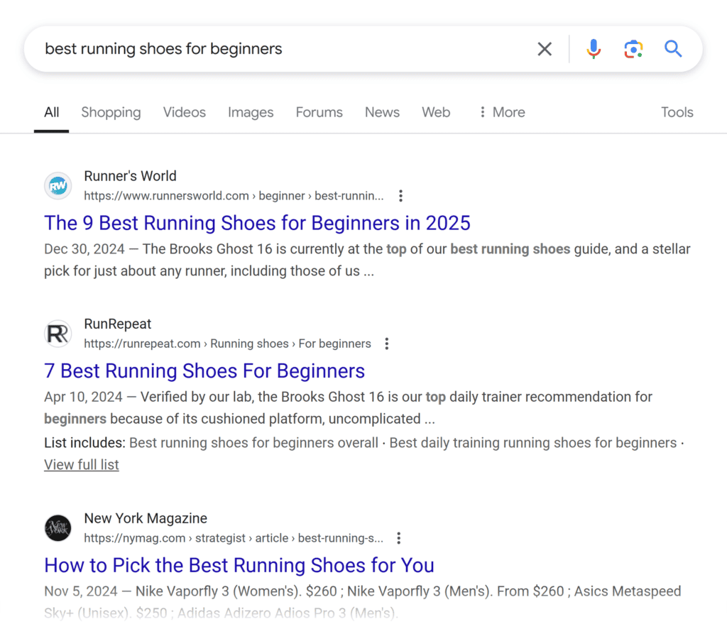 Google SERP – Best running shoes for beginners