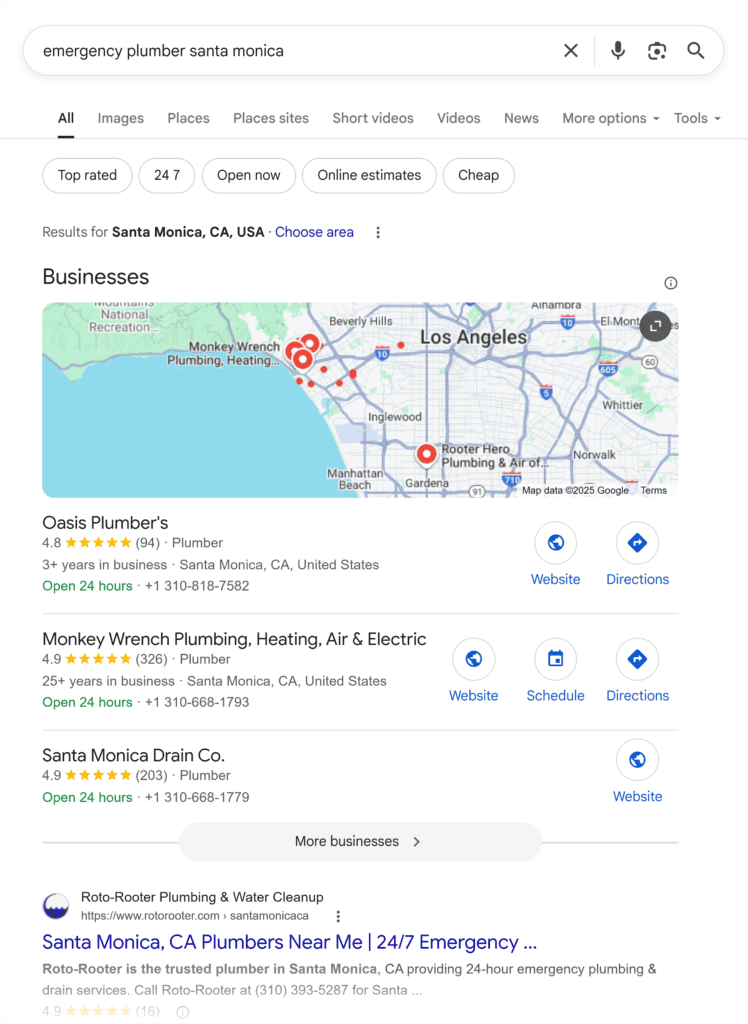 Google SERP – Emergency plumber Santa Monica
