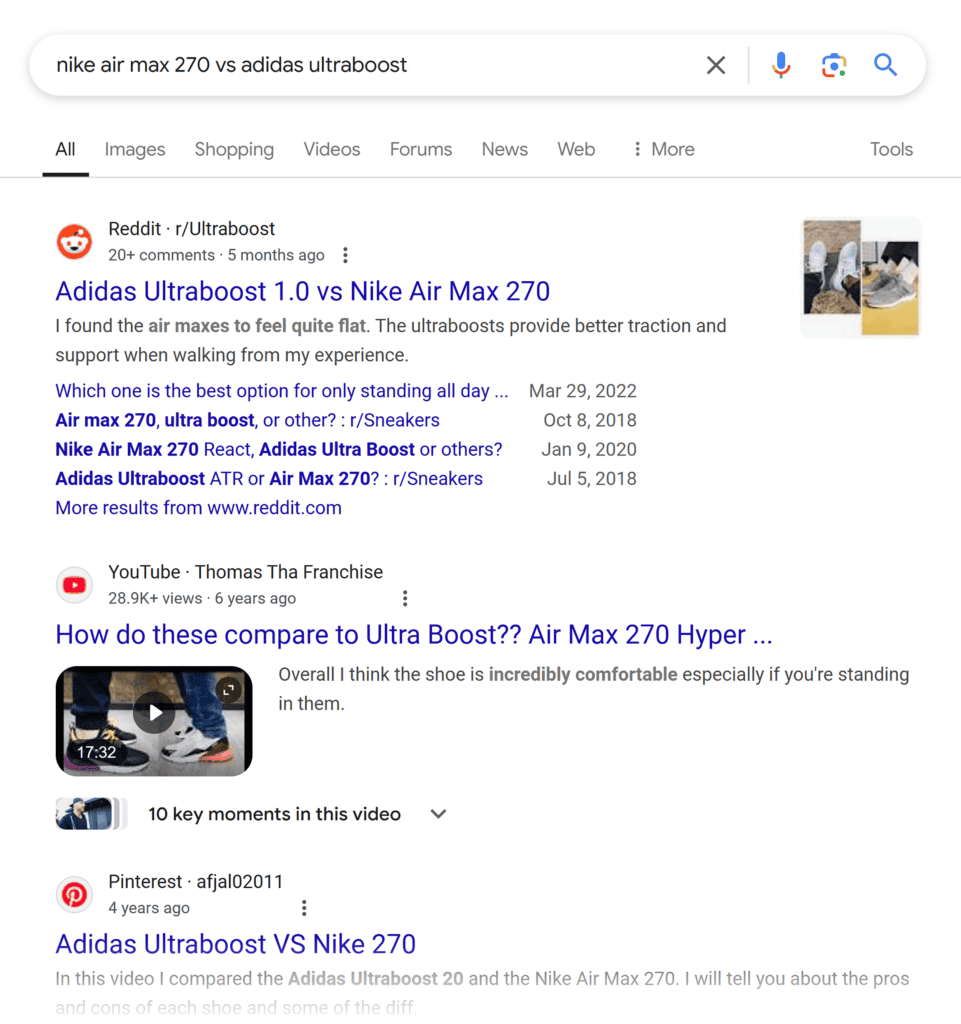 Google SERP – Nike Air Max 270 vs. Adidas Ultraboost