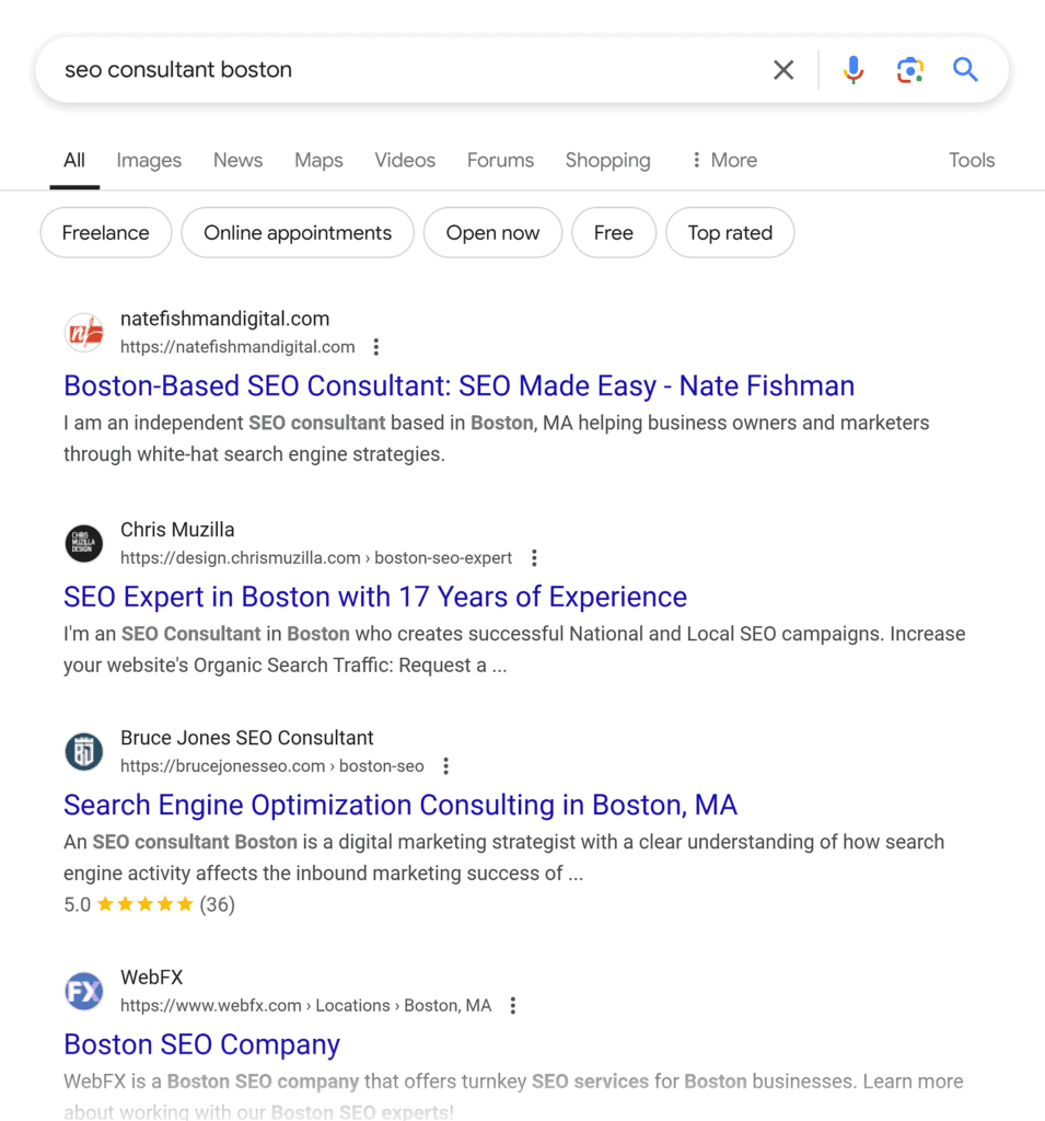 Google SERP – SEO consultant Boston