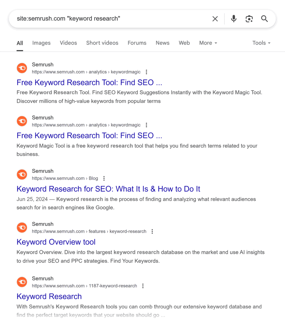 Google SERP – Site Semrush keyword research