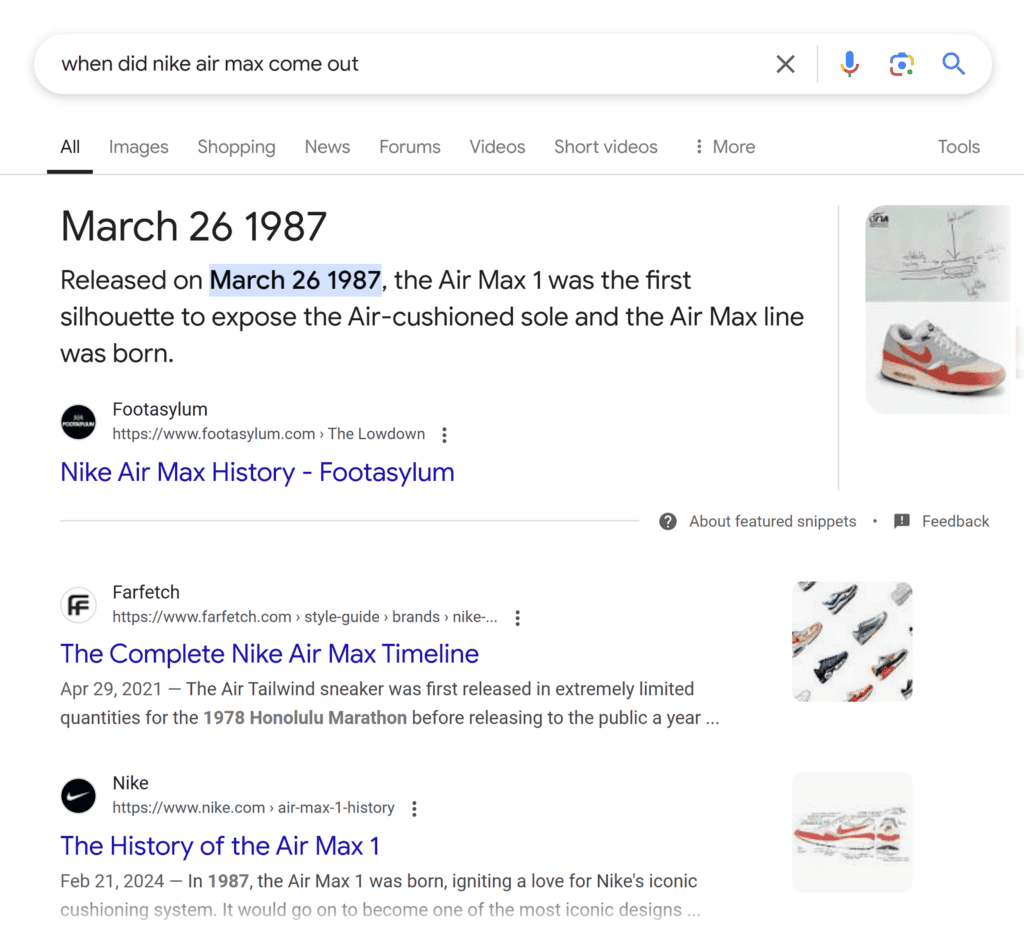 Google SERP – When did Nike Air Max come out