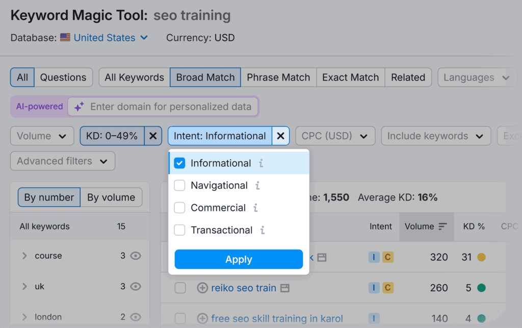 Keyword Magic Tool – SEO training – Intent filter