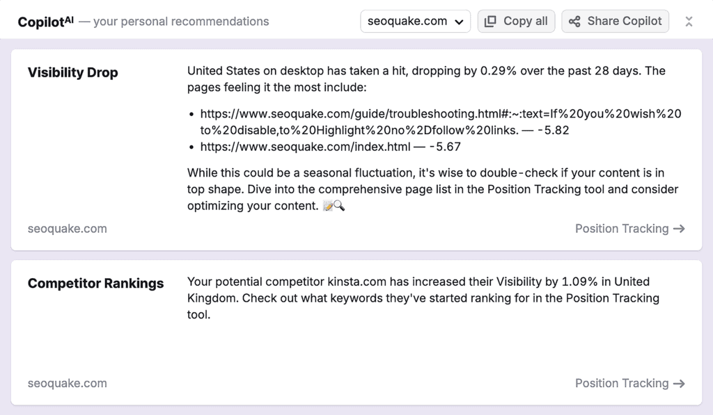 Semrush – Copilot AI – Visibility Drop