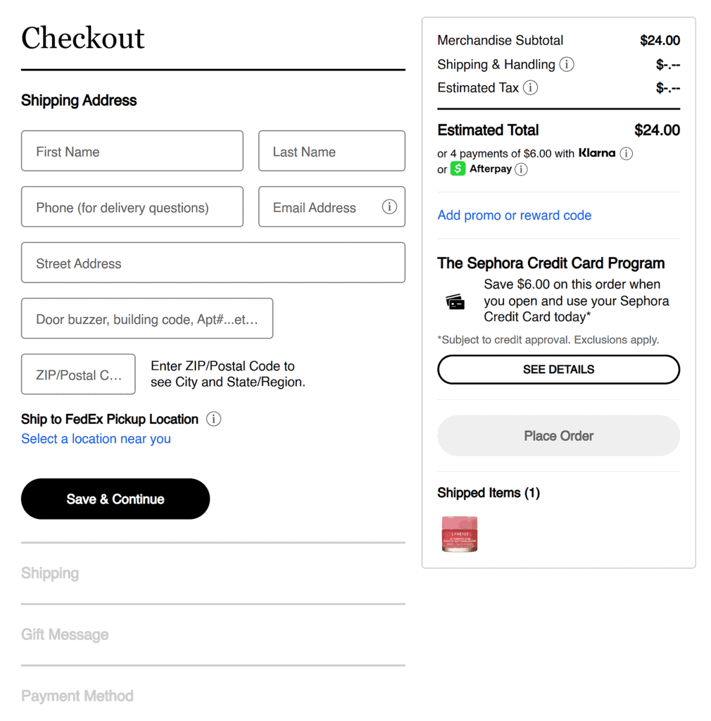 Sephora – Checkout as guest
