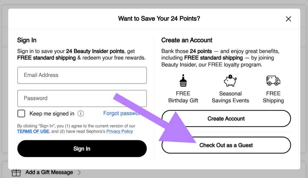 Sephora – Checkout as guest – Button
