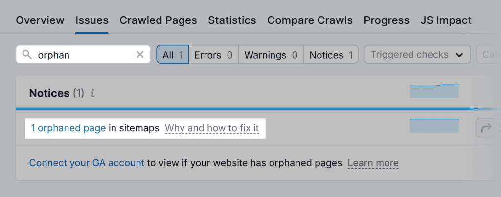 Site Audit – Issues – Orphaned pages