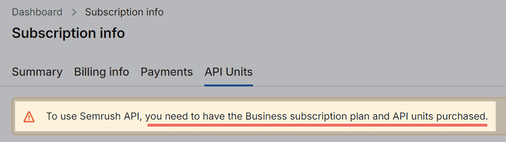 Subscription info – API Units