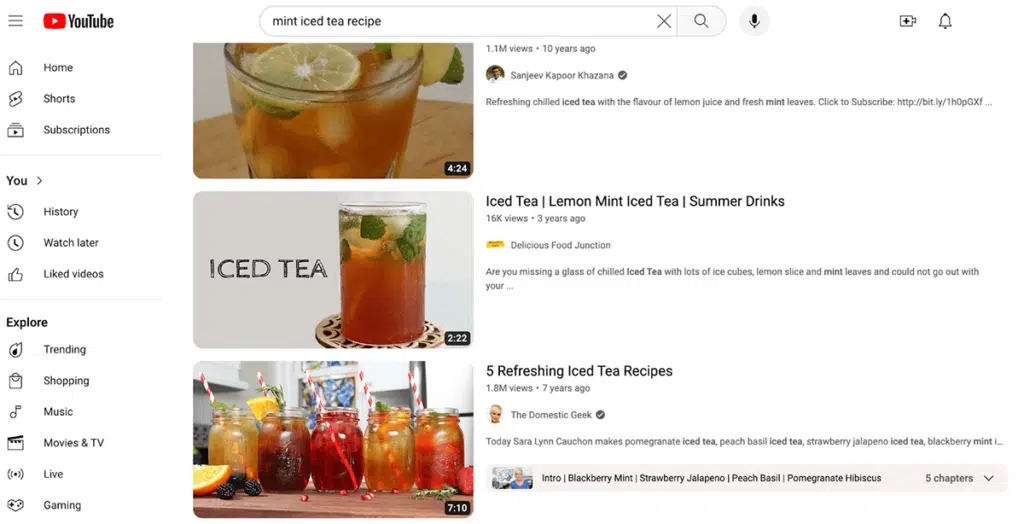 YT SERP mind iced tea recipe