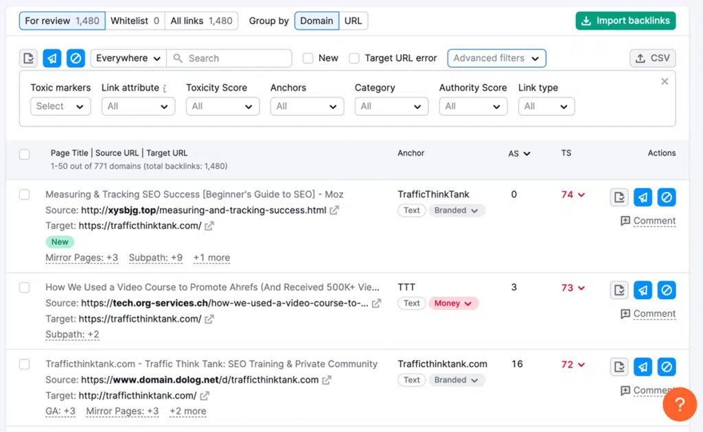 02 Semrush Backlink Audit Links for Review