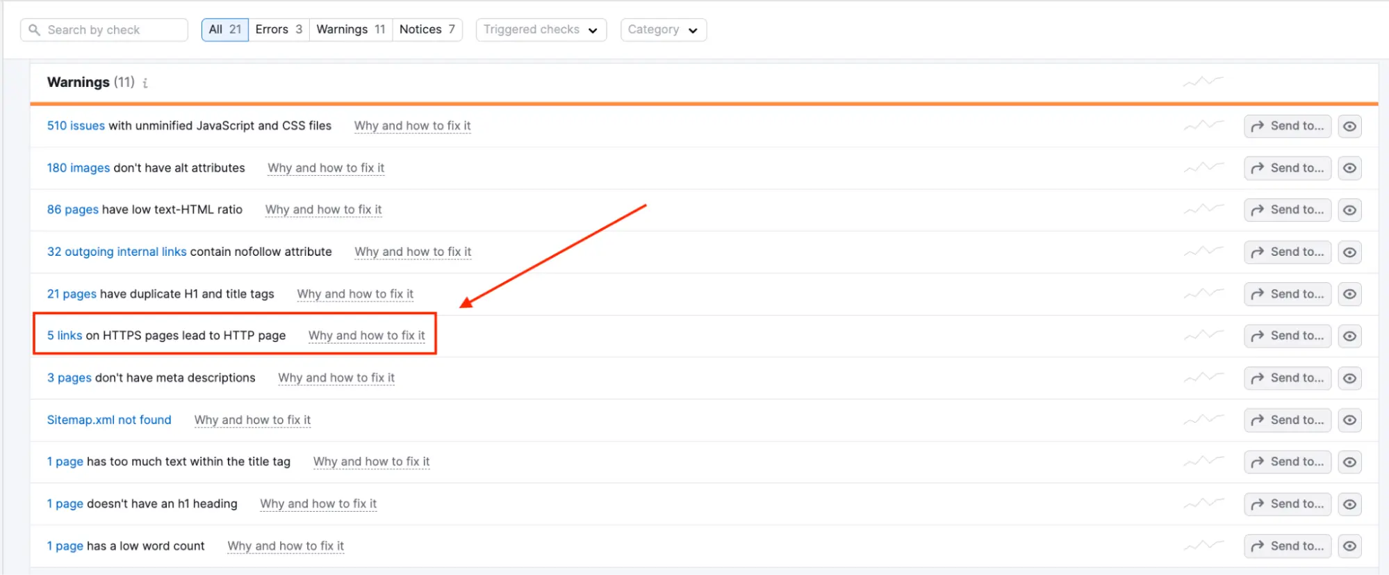Semrush site health warning