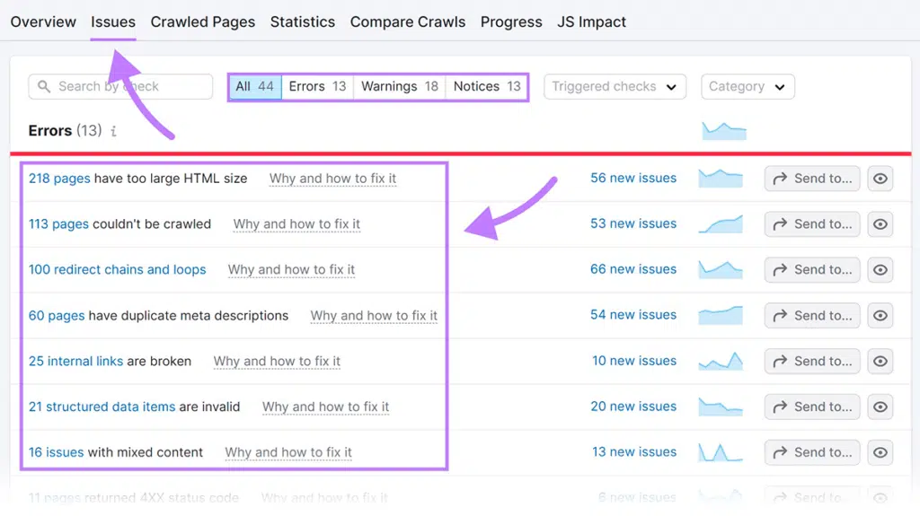 Semrush site audit issues