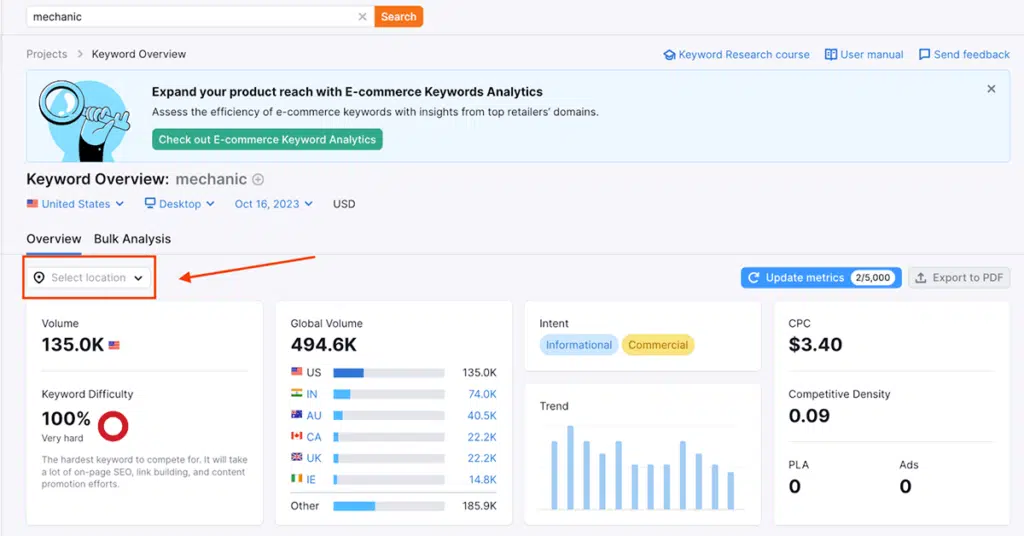 Semrush Keyword Overview location settings