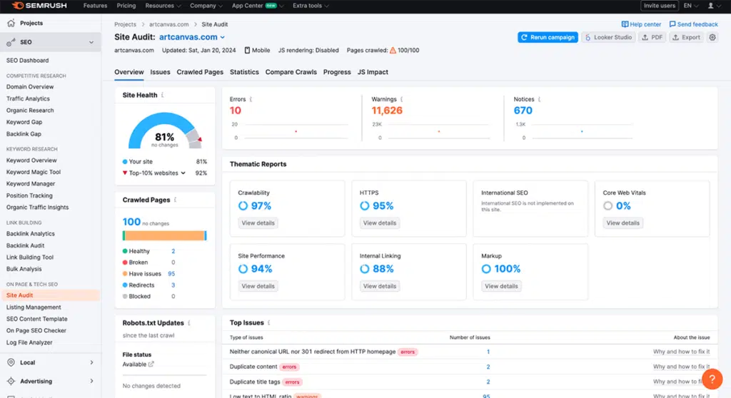 Semrush site health score