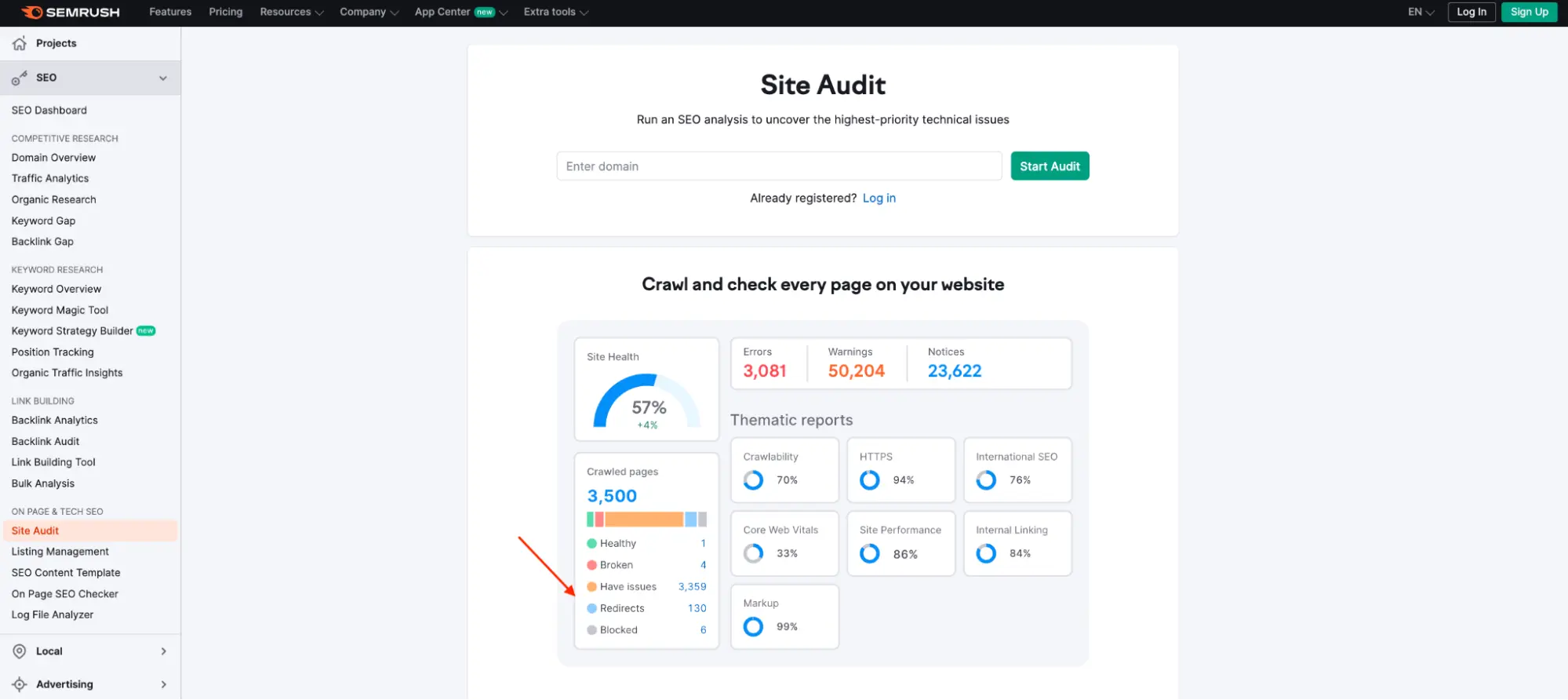 Semrush site audit redirects