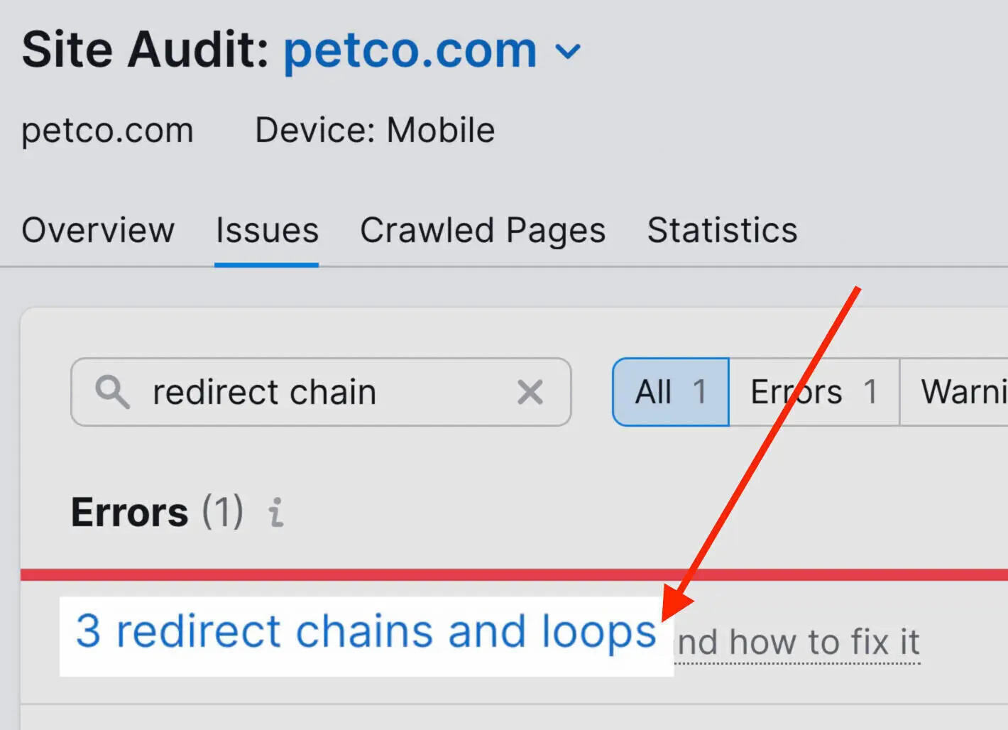 Semrush site audit redirect chains and loops