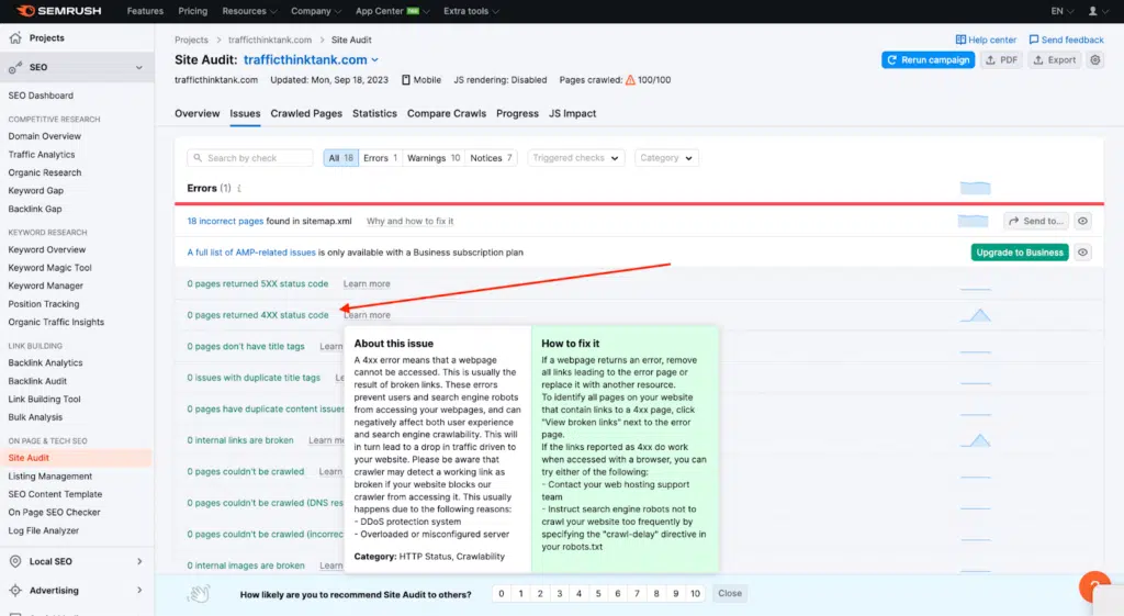 Semrush Site Audit 4xx status codes