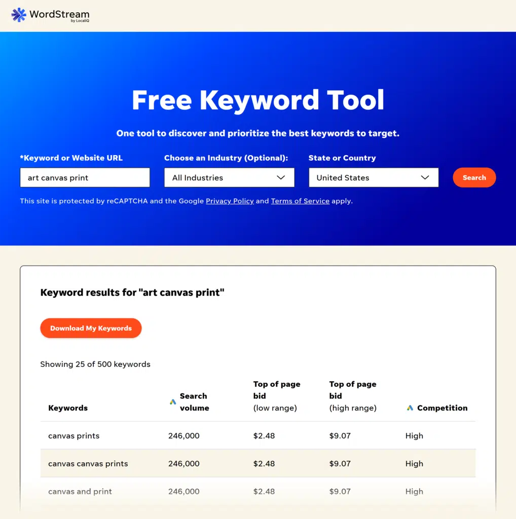 WordStream – Free Keyword Tool – Art canvas print